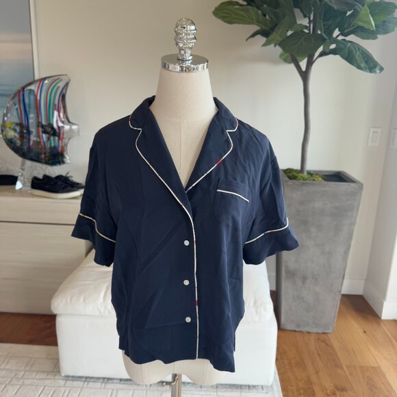 Alex Mill Other - Alex Mill Navy Silk Pajama Crop Top Size M Button Up Short Sleeve Luxe Lounge